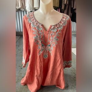 Monoreno Coral Three-Quarter Sleeved Embroidered Tunic 100% Cotton Size Small